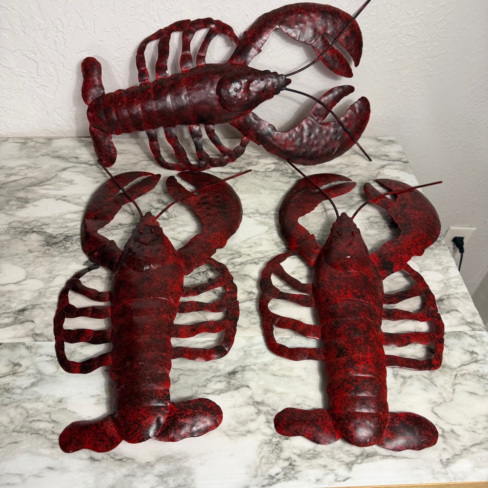 Set of 3 Metal Lobster Wall Art Decor Distressed Red Black Nautical Coastal 18in